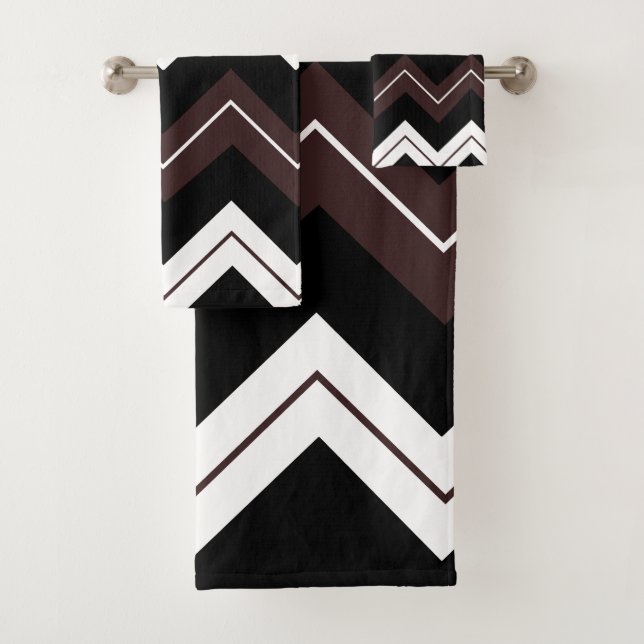 Black White Brown Chevron Stripe Pattern Bath Towel Set (Insitu)