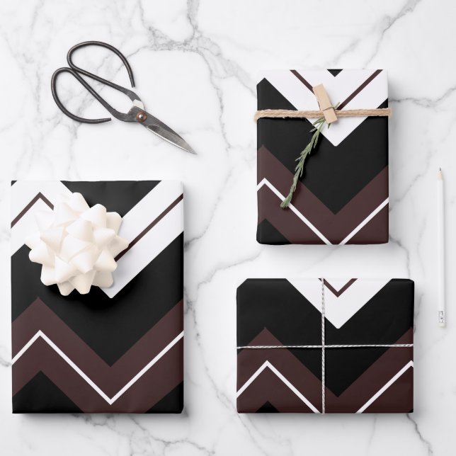 Black White Brown Chevron Stripe  Wrapping Paper Sheet (Front)