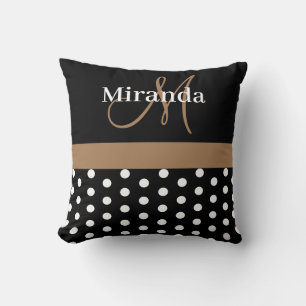 Black White Brown Monogram Script Polka Dots Cushion