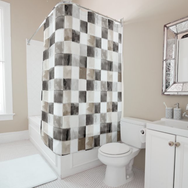 Black White Brown Squares Shower Curtain (In Situ)
