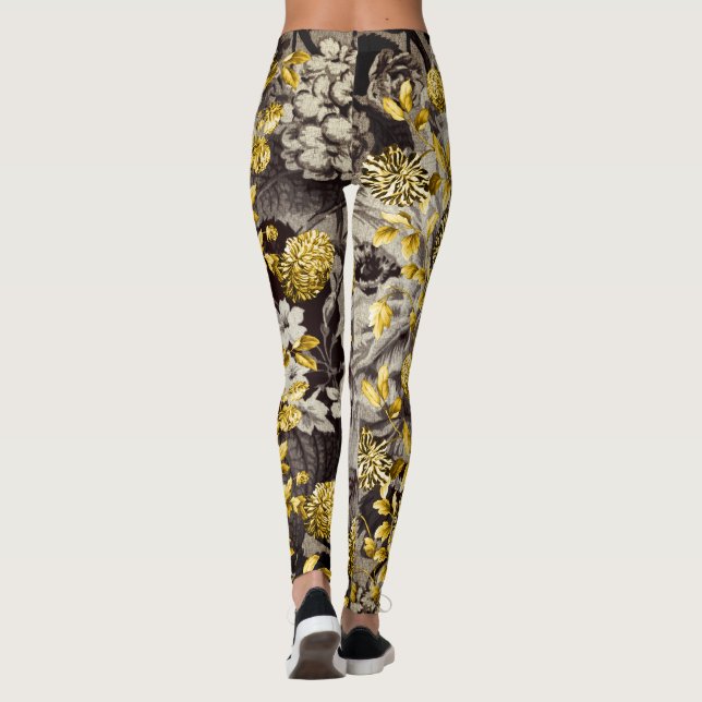 Black White Brown Tones Gold Floral Toile Leggings (Back)