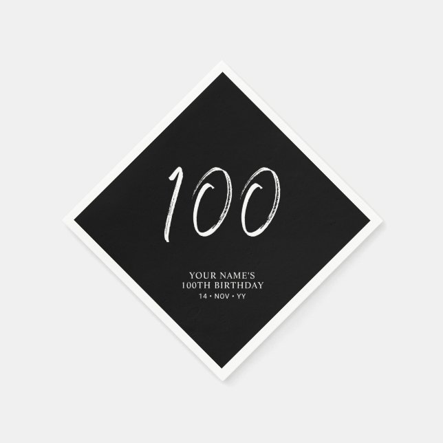 Black & White | Brush Script 100th Birthday Party  Napkin (Corner)