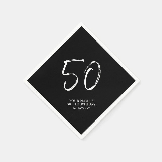Black & White | Brush Script 50th Birthday Party  Napkin (Corner)