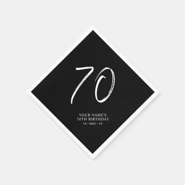 Black & White | Brush Script 70th Birthday Party  Napkin (Corner)