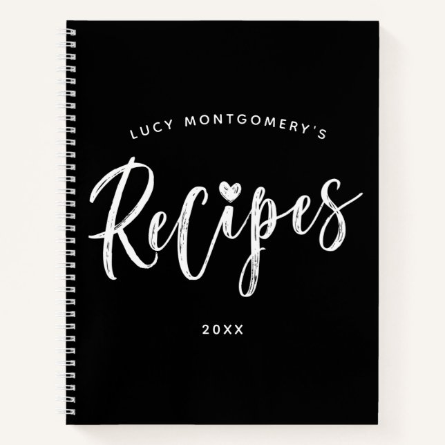 Black White Brush Script Recipe Notebook (Front)