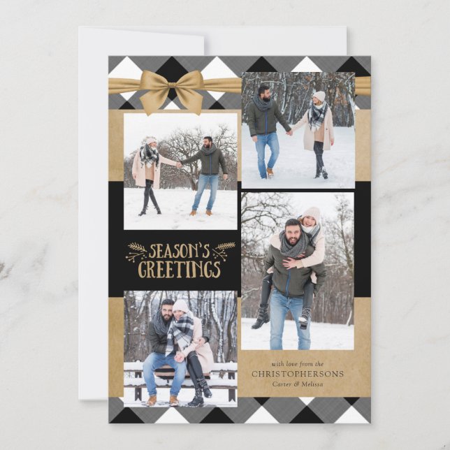Black & White Buffalo Check Brown Kraft Bow Holiday Card (Front)