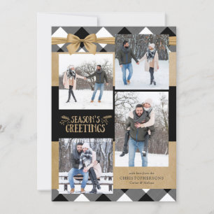 Black & White Buffalo Check Brown Kraft Bow Holiday Card