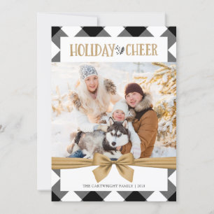 Black & White Buffalo Check Brown Kraft CHEER Holiday Card