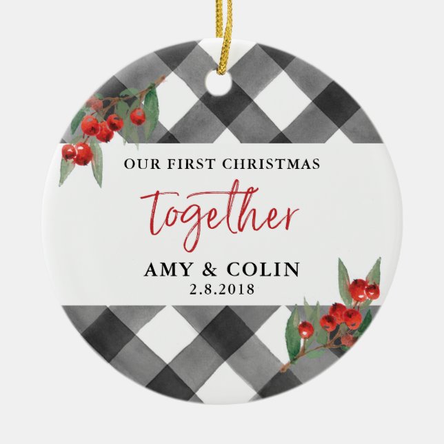 Black White Buffalo Check First Christmas Together Ceramic Tree Decoration (Front)