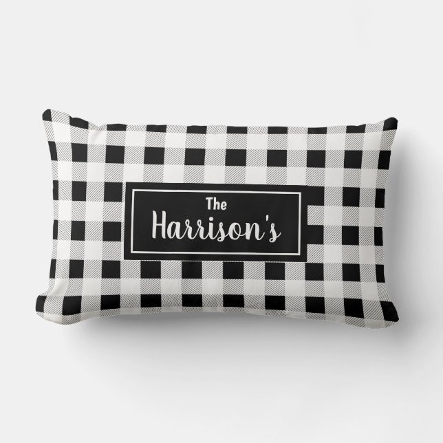 Black & White Buffalo Check | Monogram Lumbar Cushion (Front)
