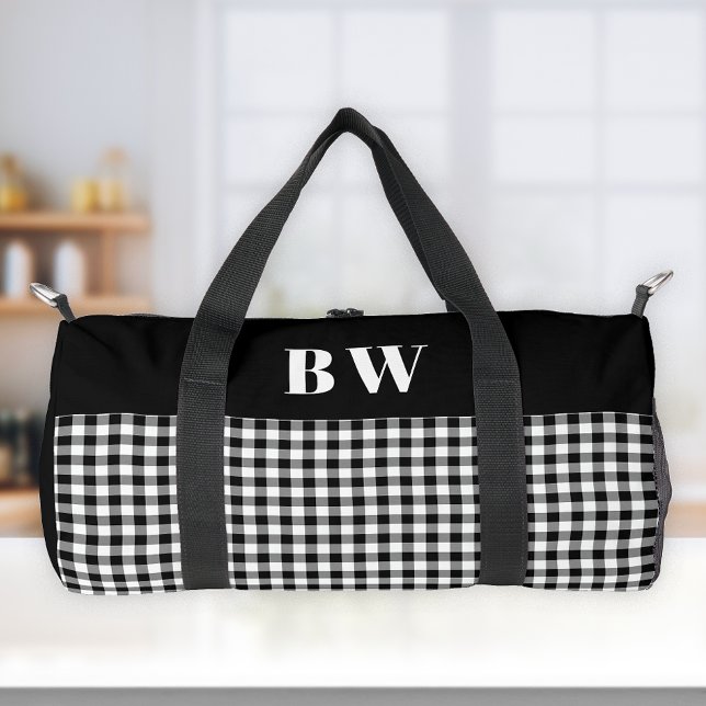 Black White Buffalo Check Plaid Bold Monogram  Duffle Bag (Creator Uploaded)