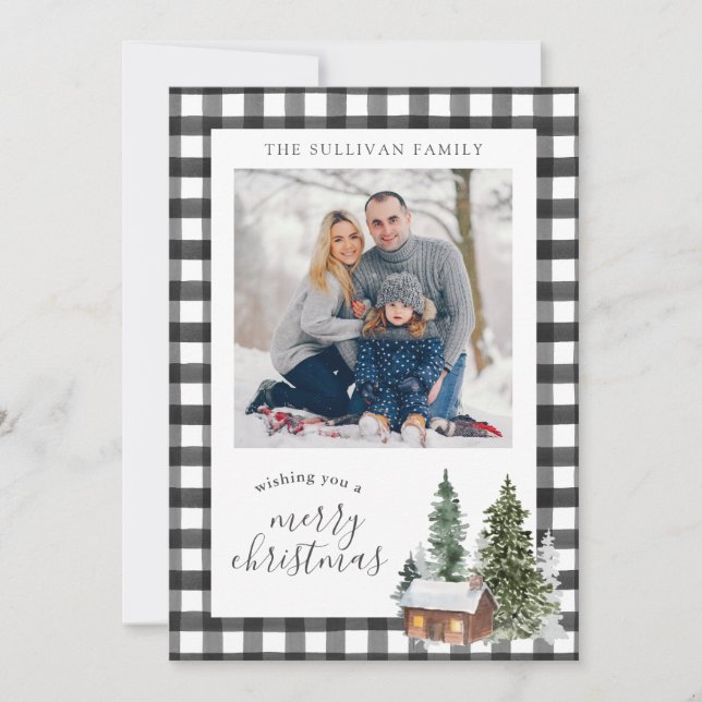 Black White Buffalo Check Plaid Christmas Photo Holiday Card (Front)