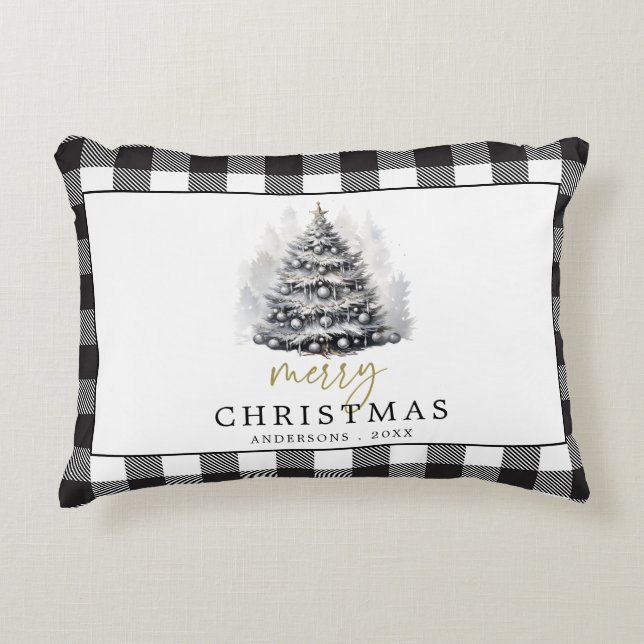 Black White Buffalo Check Plaid Merry Christmas Decorative Cushion (Front)