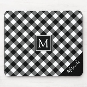 Black & White Buffalo Check Plaid Monogram Name Mouse Mat