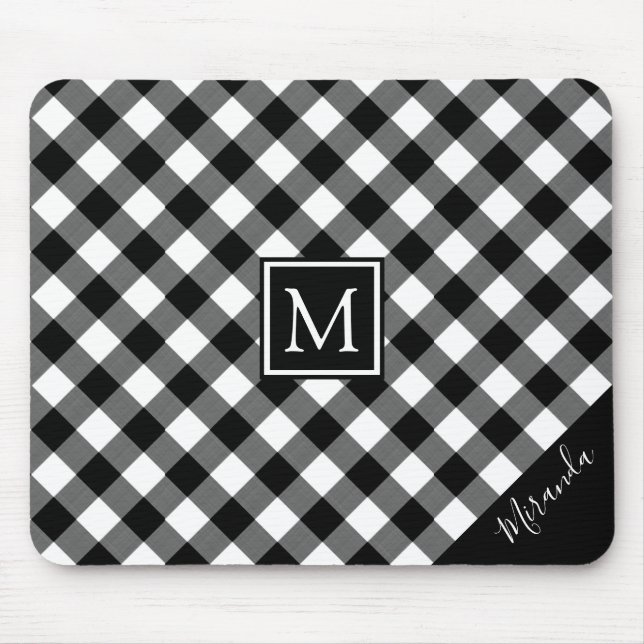 Black & White Buffalo Check Plaid Monogram Name Mouse Mat (Front)