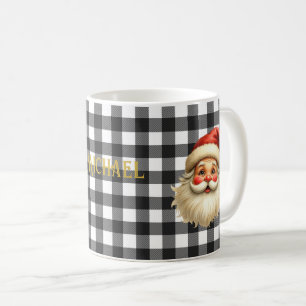 Black & White Buffalo Check Santa and Elegant Name Coffee Mug