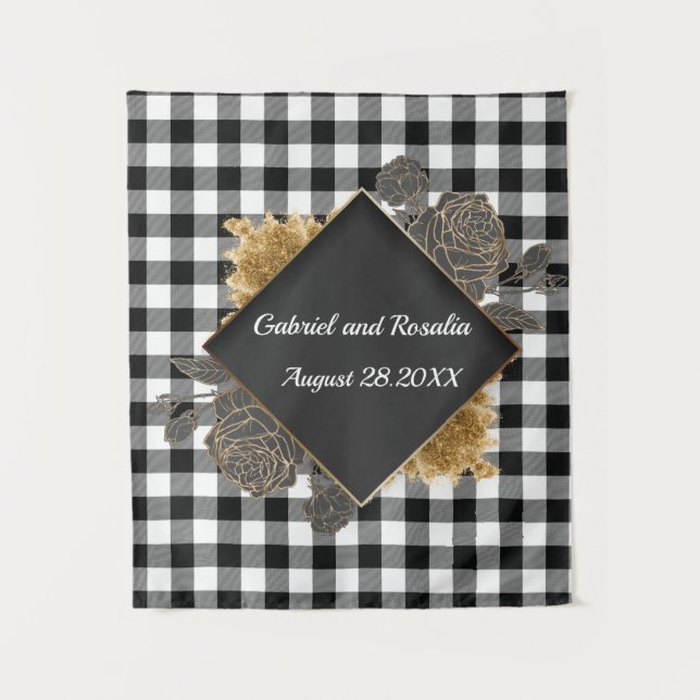 Black White Buffalo Checks Rose Frame Wedding Tape Tapestry (Front)