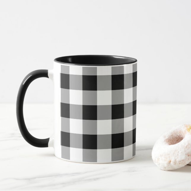 Black White Buffalo Chequered Plaid Pattern Mug (With Donut)