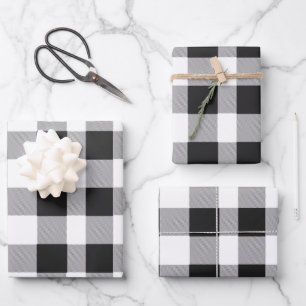 Black White Buffalo Gingham Check Plaid Holiday Wrapping Paper Sheet