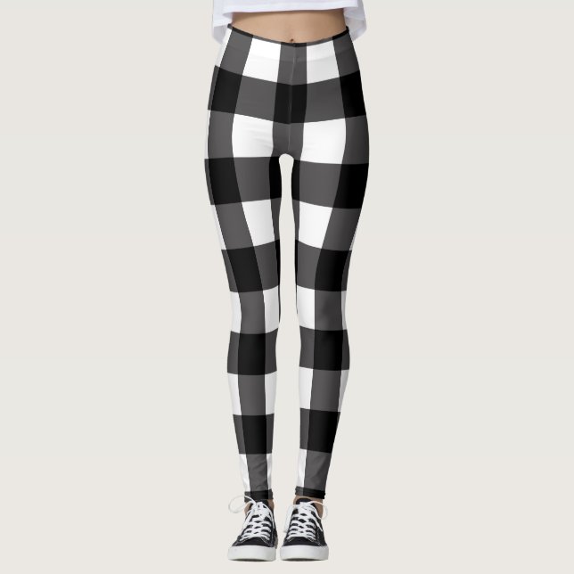 Black & White Buffalo Gingham Chequered Plaid Leggings (Front)