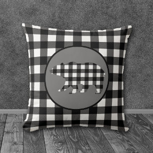 Black White Buffalo Plaid Bear Cushion