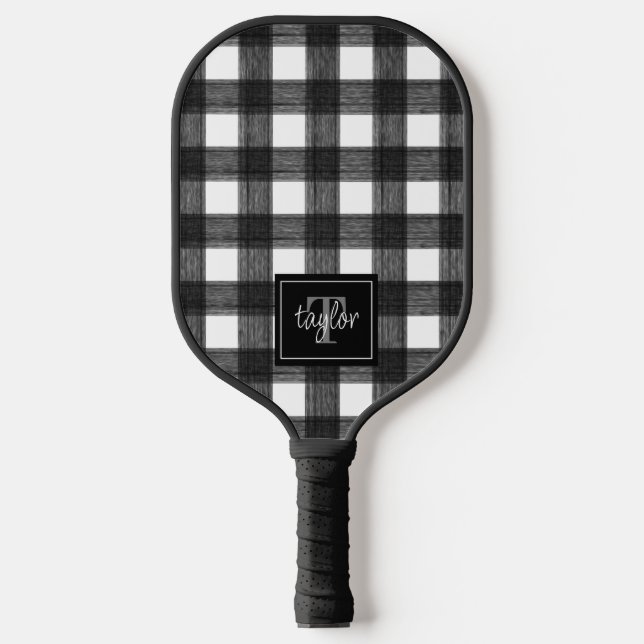 Black & White Buffalo Plaid Check Monogram Initial Pickleball Paddle (Front)