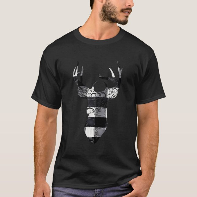 Black White Buffalo Plaid Check Reindeer Dear Chri T-Shirt (Front)