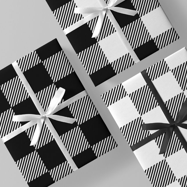 Black & White Buffalo Plaid, Checkers & Stripes Wrapping Paper Sheet (Black & White Buffalo Plaid, Checkers & Stripes Wrapping Paper Sheets)