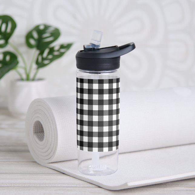 Black & White Buffalo Plaid, Chequered, Modern Water Bottle (Yoga)