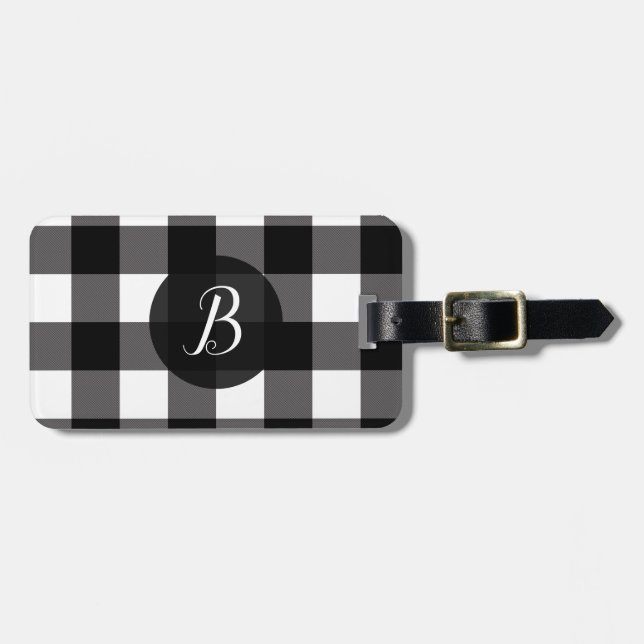Black & White Buffalo Plaid Chequered Squares Luggage Tag (Front Horizontal)