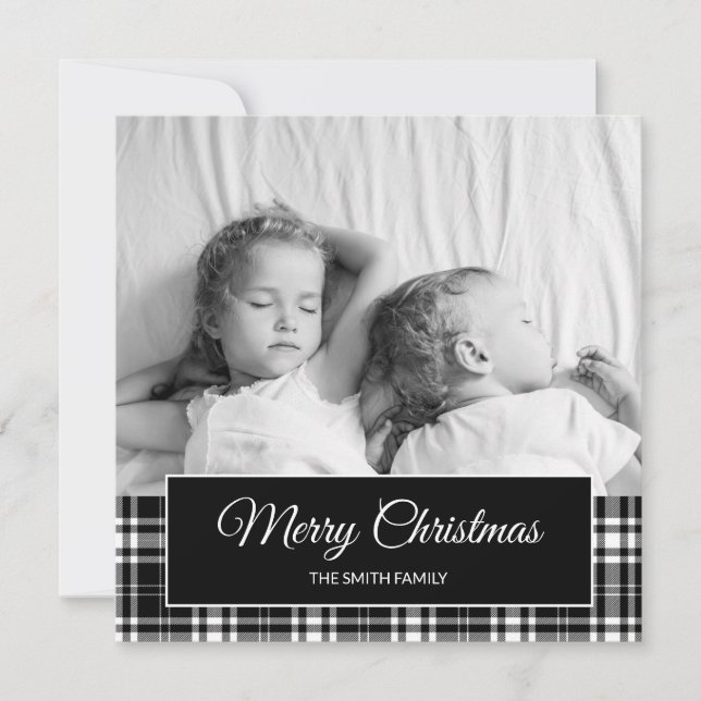 Black White Buffalo Plaid Christmas Holiday Photo (Front)