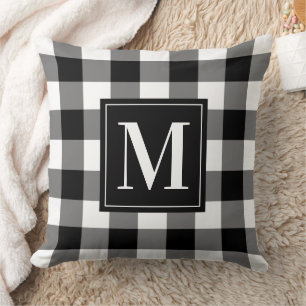 Black White Buffalo Plaid Christmas Monogram Cushion