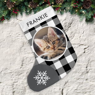Black & White Buffalo Plaid Custom Photo and Name Small Christmas Stocking