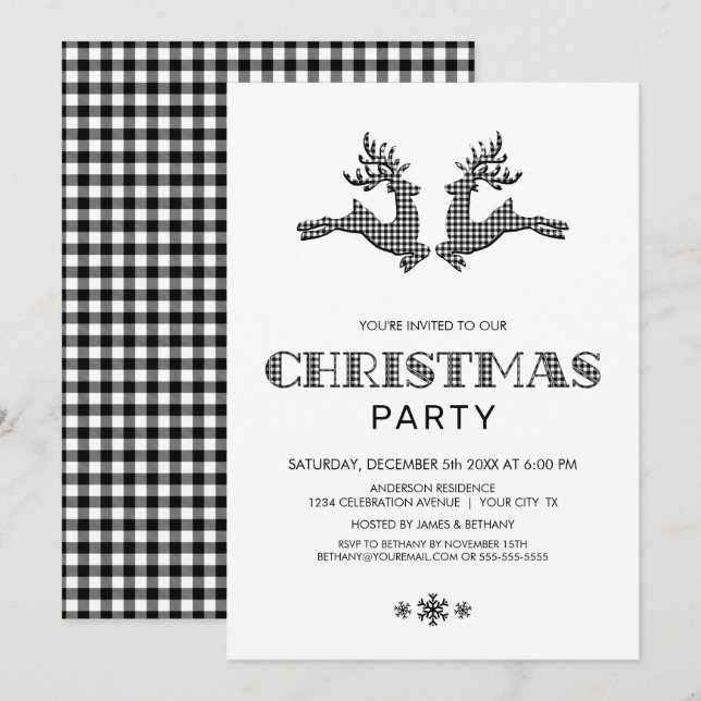 Black White Buffalo Plaid Deer Christmas Party Invitation (Front/Back)