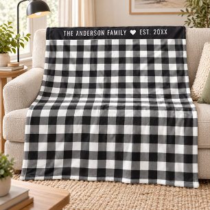 Black White Buffalo Plaid Family Name Fleece Blanket