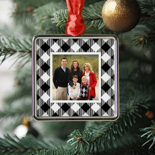 Black & White Buffalo Plaid Holiday Photo Metal Tree Decoration