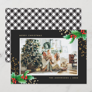 Black White Buffalo Plaid Holly Photo Christmas Holiday Card