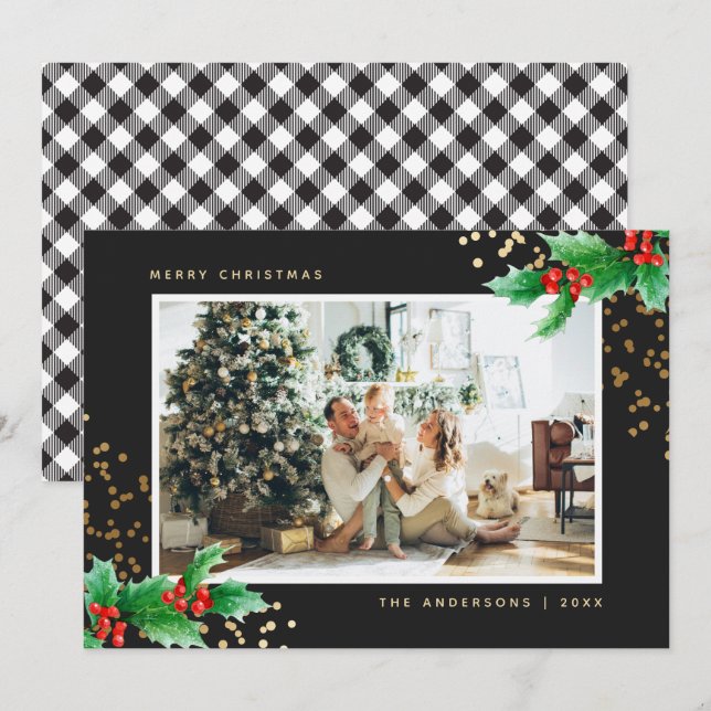Black White Buffalo Plaid Holly Photo Christmas Holiday Card (Front/Back)