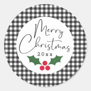 Black White Buffalo Plaid Merry Christmas Classic Round Sticker