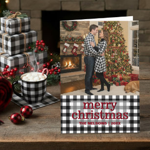 Black & White Buffalo Plaid Merry Christmas Photo Holiday Card