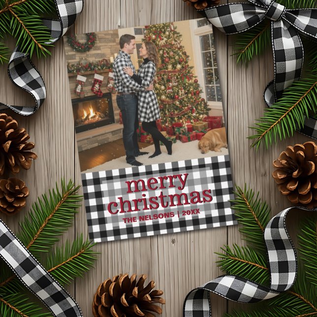 Black & White Buffalo Plaid Merry Christmas Photo Holiday Card (Creator Uploaded)