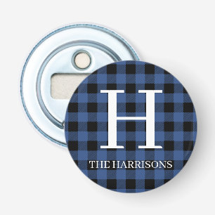 Black White Buffalo Plaid Monogram Holiday Bottle Opener