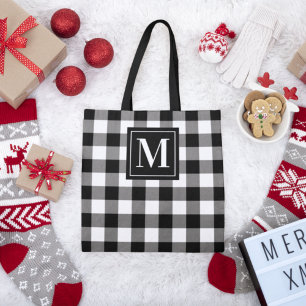 Black White Buffalo Plaid Monogram Initial Tote Bag