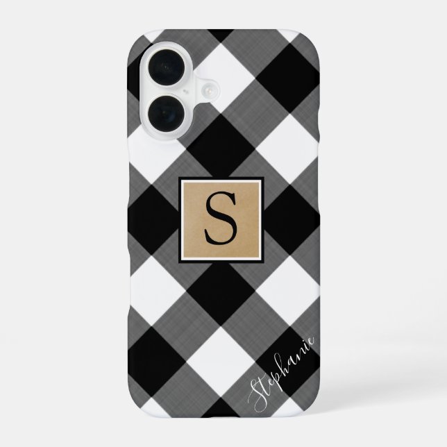 Black White Buffalo Plaid Monogram Script Name iPhone 16 Case (Back)