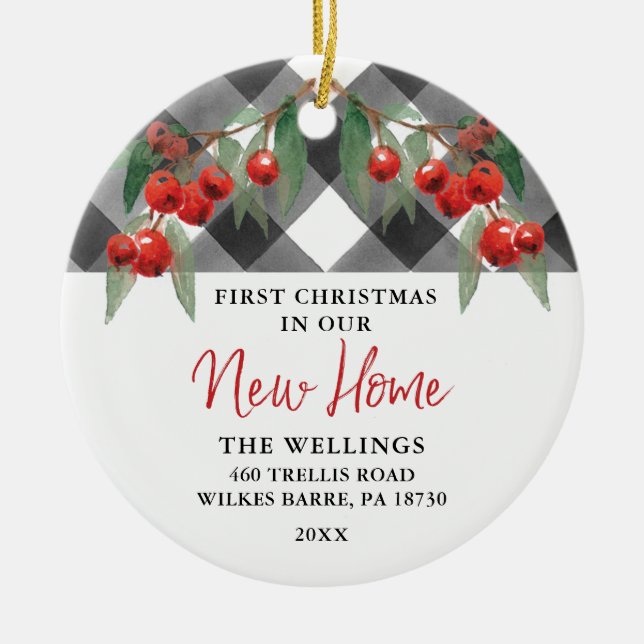Black & White Buffalo Plaid New Home Housewarming Ceramic Tree Decoration (Front)