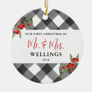 Black & White Buffalo Plaid Newlywed Mr and Mrs Ceramic Tree Decoration