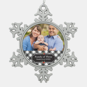 Black & White Buffalo Plaid Personalised Family Snowflake Pewter Christmas Ornament