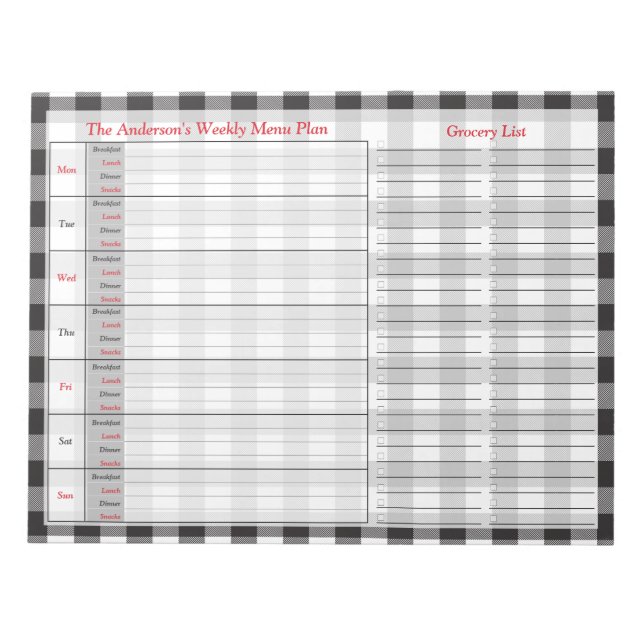 Black White Buffalo Plaid Personalised Menu Plan Notepad (Front)
