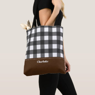 Black White Buffalo Plaid Personalised Tote Bag