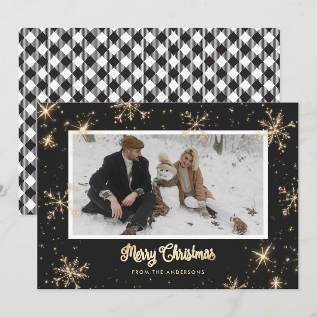 Black & White Buffalo Plaid Photo Christmas Cards (Front/Back)